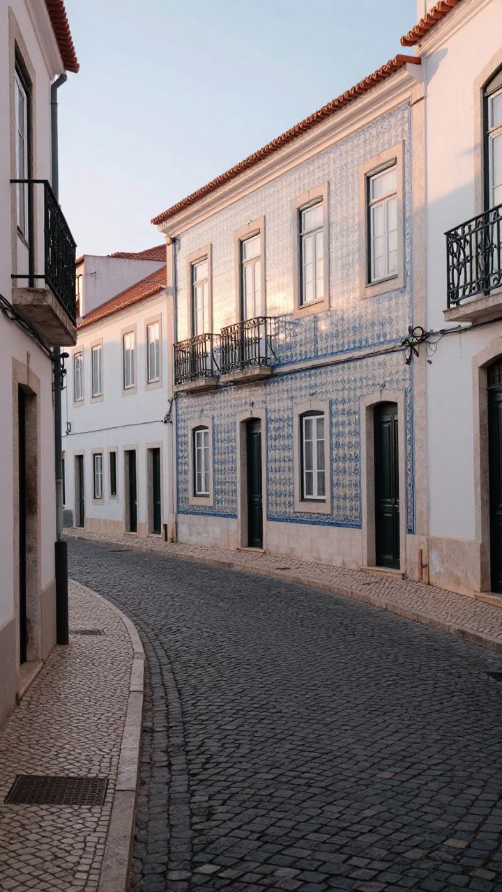Cobblestone Street just after sunrise in Lisbon in in Lisbon, Portugal
