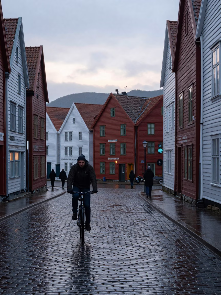 Cobblestone Streets at Early Morning Light in Bergen in in Bergen, Norway