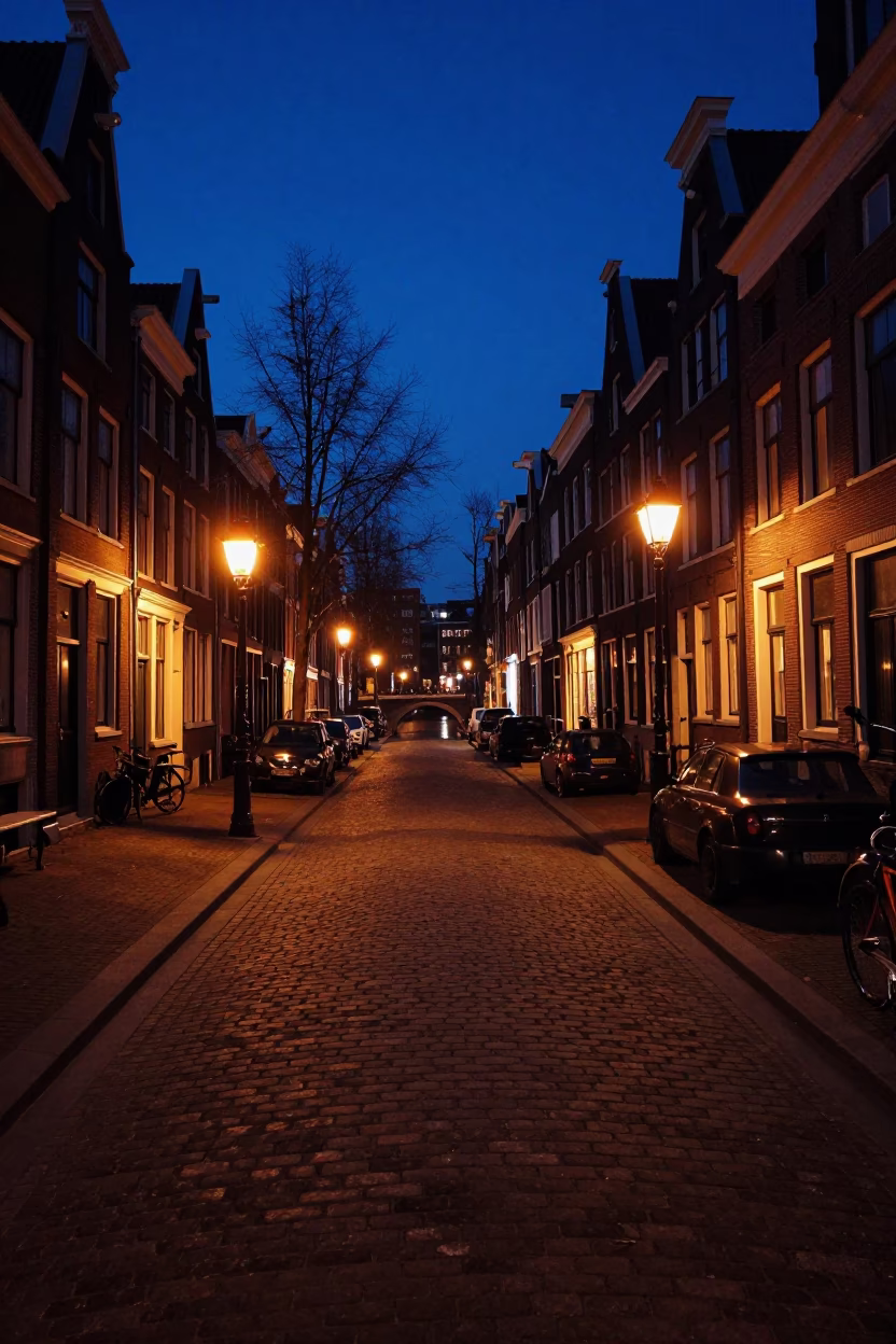 Cobblestone Streets in Amsterdam at The Predawn Darkness Light in in Amsterdam, Netherlands