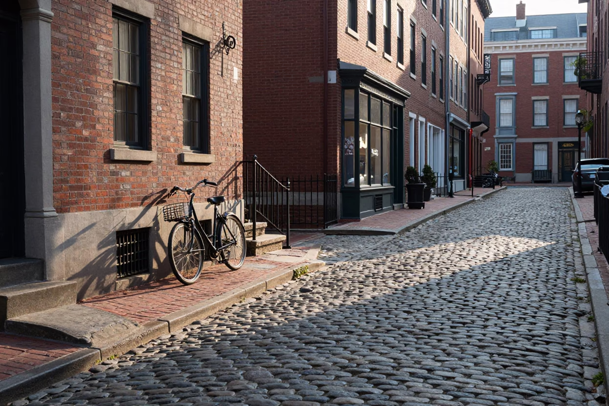 Cobblestone Streets in Boston at As First Light Reaches The Scene in in Boston, Massachusetts, United States