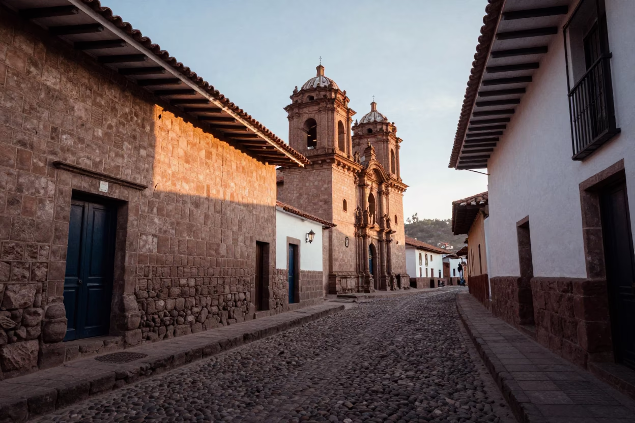 Cobblestone Streets in Cusco at As First Light Reaches The Scene in in Cusco, Peru