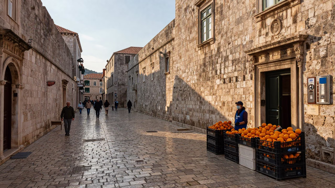Cobblestone Streets in Dubrovnik at As First Light Reaches The Scene in in Dubrovnik, Croatia