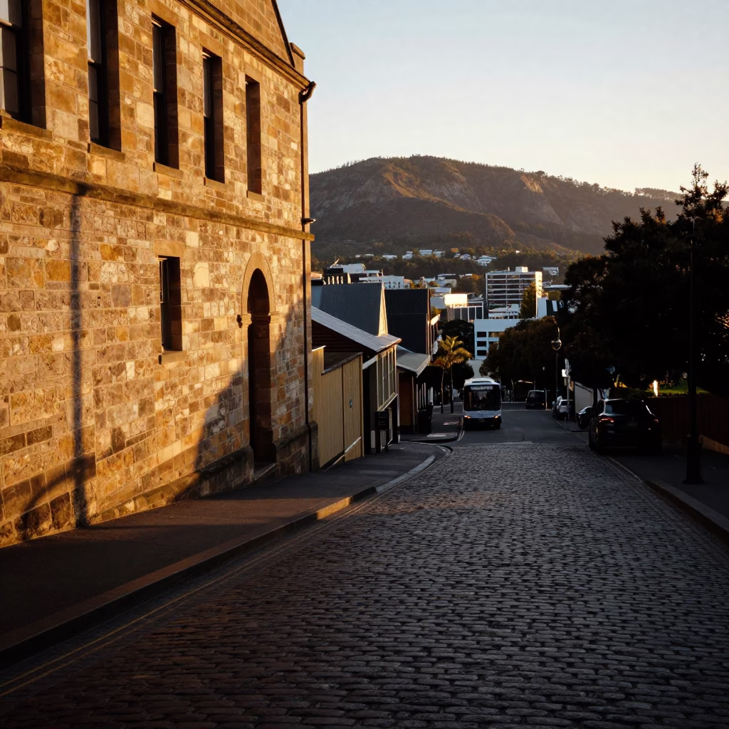 Cobblestone Streets in Hobart at Golden Hour in in Hobart, Tasmania, Australia