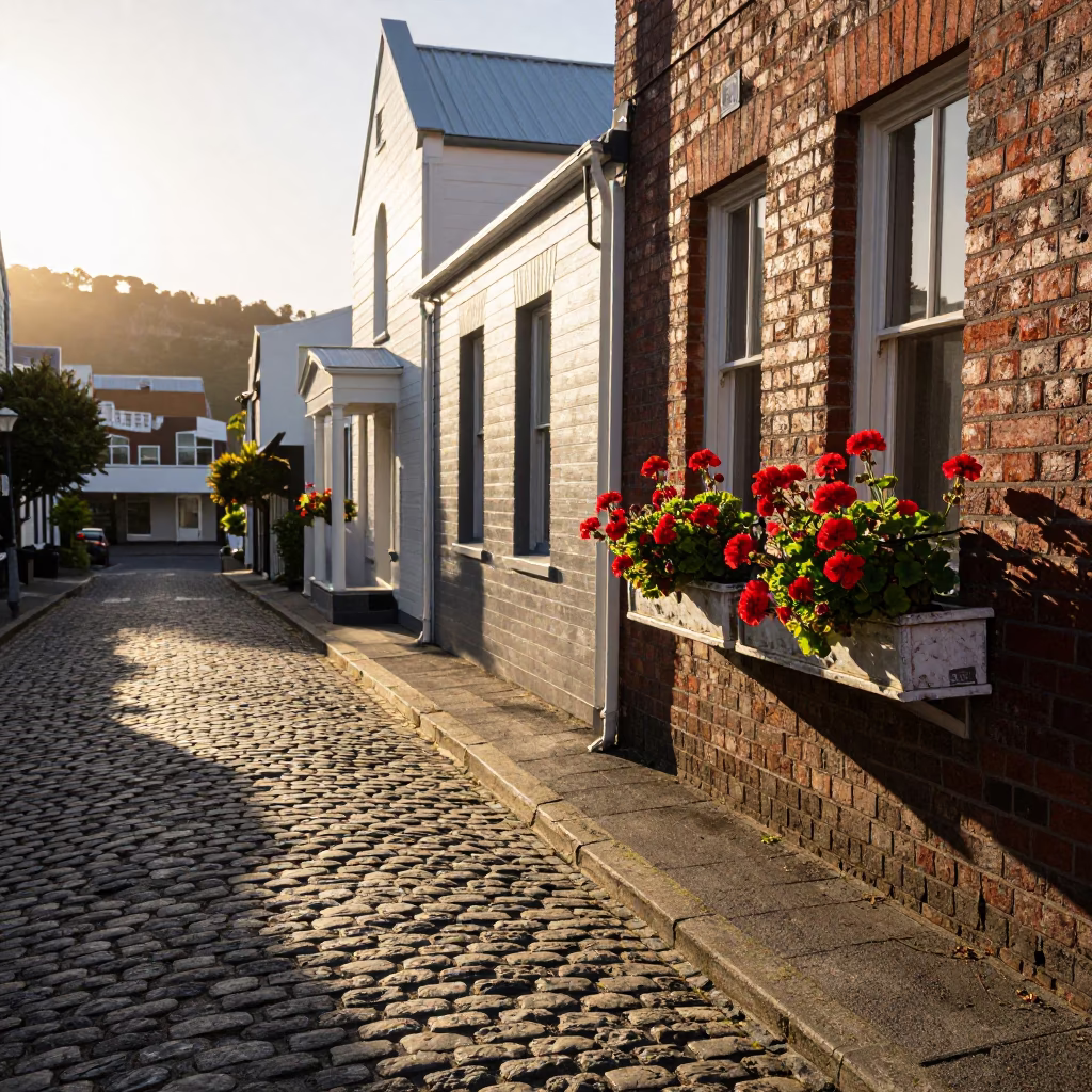 Cobblestone Streets in Wellington at Late Afternoon Light in in Wellington, New Zealand