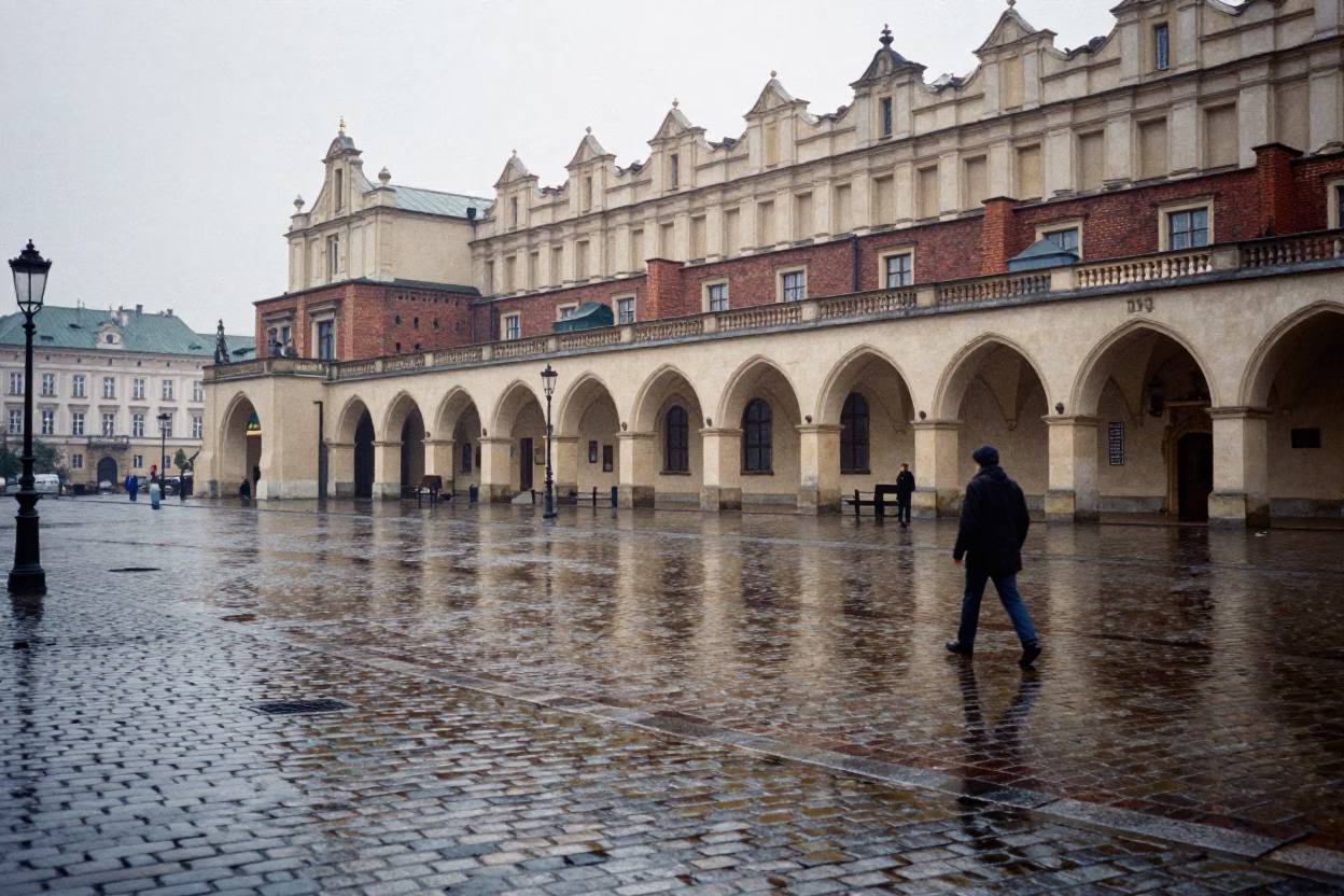 Cobblestones Reflect in Krakow at First Light in in Krakow, Poland