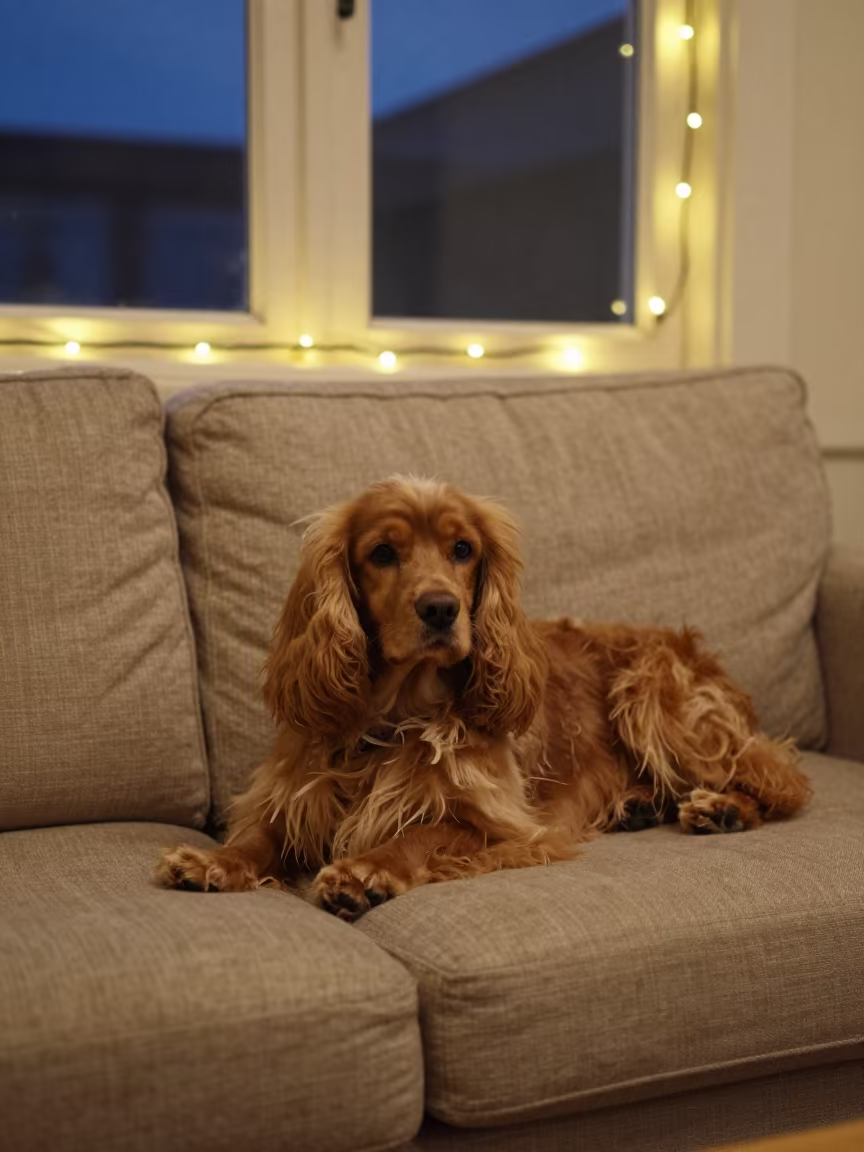 Cocker Spaniel on Linen Sofa in Geylang Twilight in on a linen sofa with daylight from a nearby window near Geylang, Singapore