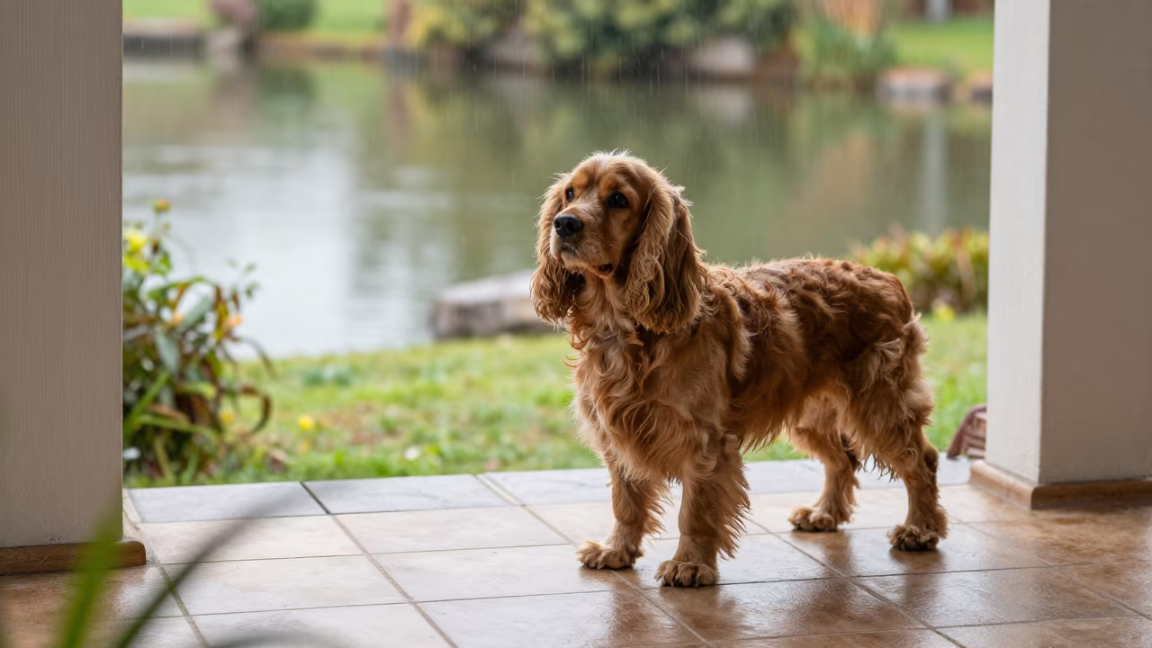 Cocker Spaniel on Porch in Late Afternoon Rain in near a garden edge with soft morning light and an uncluttered background near Victoria
