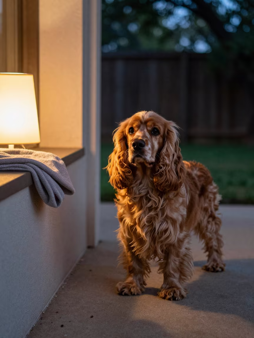 Cocker Spaniel on Porch Under Starlight in near a garden edge with soft morning light and an uncluttered background in San Antonio