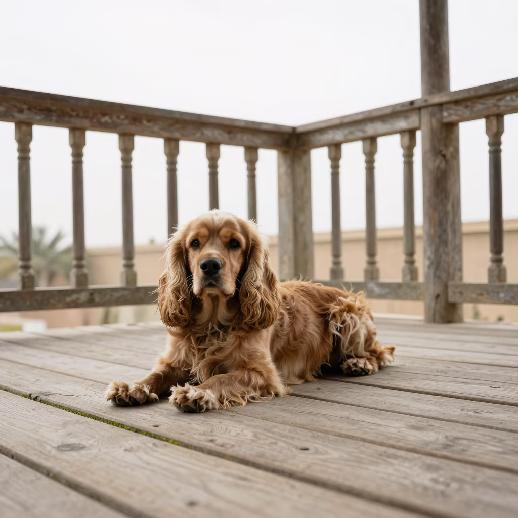Cocker Spaniel on Shaded Isfahan Porch in on a shaded front porch with boards, railings, and eye-level framing near Isfahan