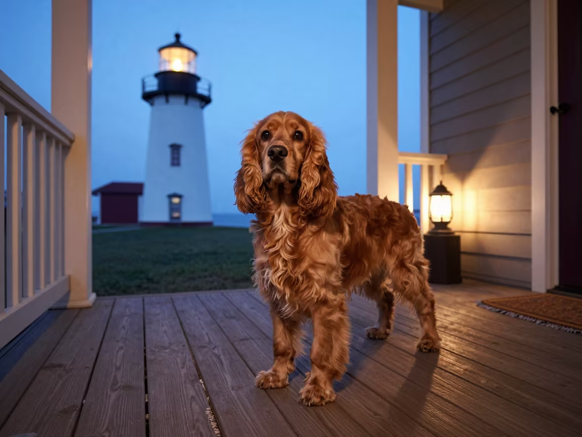 Cocker Spaniel on Shaded Porch at Dawn in on a shaded front porch with boards, railings, and eye-level framing near Tete