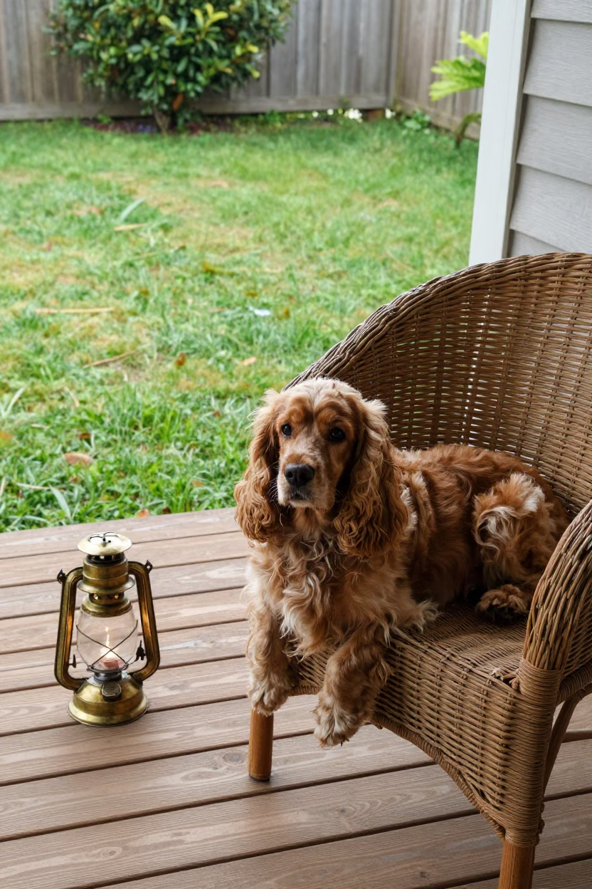 Cocker Spaniel on Wenzhou Porch in Calm Light in in a small yard with clipped grass, calm light, and the animal centered in frame in Wenzhou