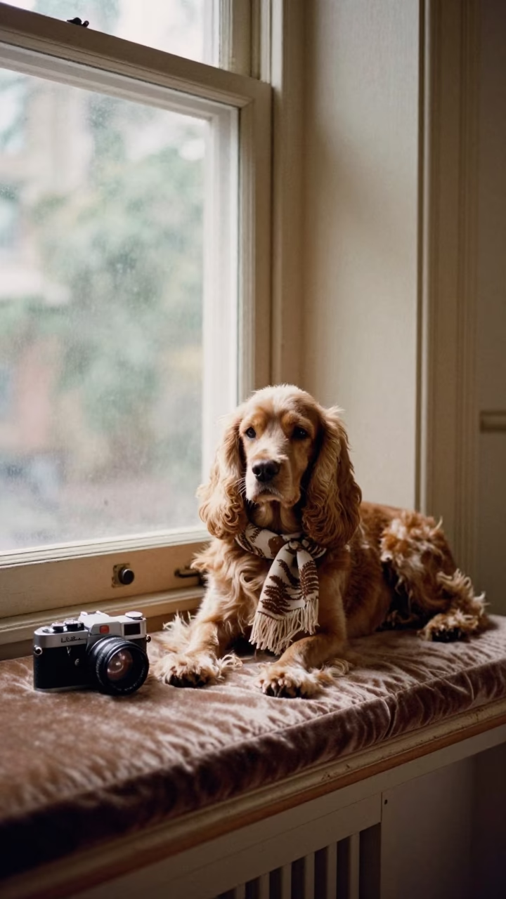 Cocker Spaniel on Window Seat in Carlton Melbourne in on a window seat in a quiet apartment with soft side light near Carlton, Melbourne
