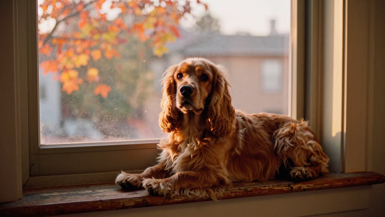 Cocker Spaniel on Window Seat in San Francisco Apartment in on a window seat in a quiet apartment with soft side light in Mission, San Francisco