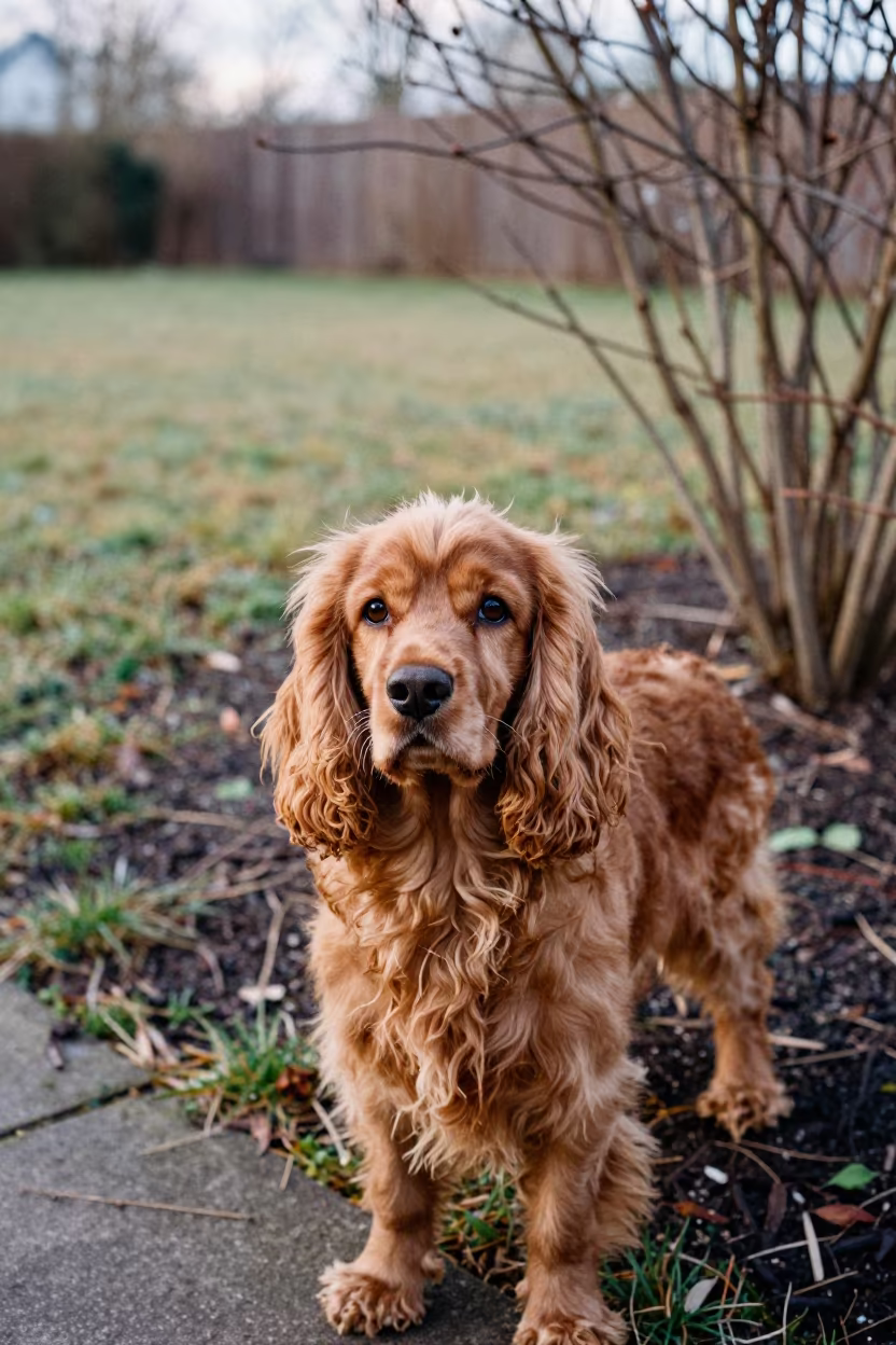 Cocker Spaniel Portrait in Winter Garden Light in near a garden edge with soft morning light and an uncluttered background near Hamburg