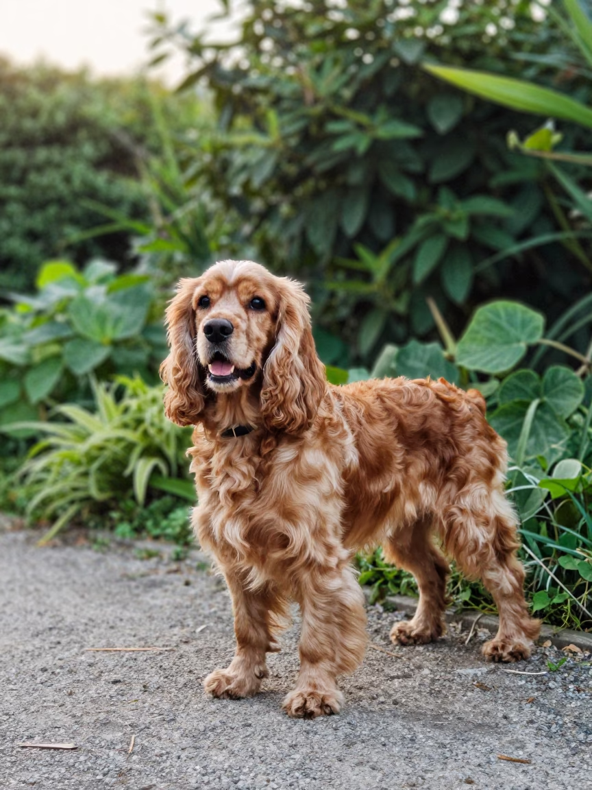 Cocker Spaniel Portrait Near Garden Edge in Minya in near a garden edge with soft morning light and an uncluttered background in Minya