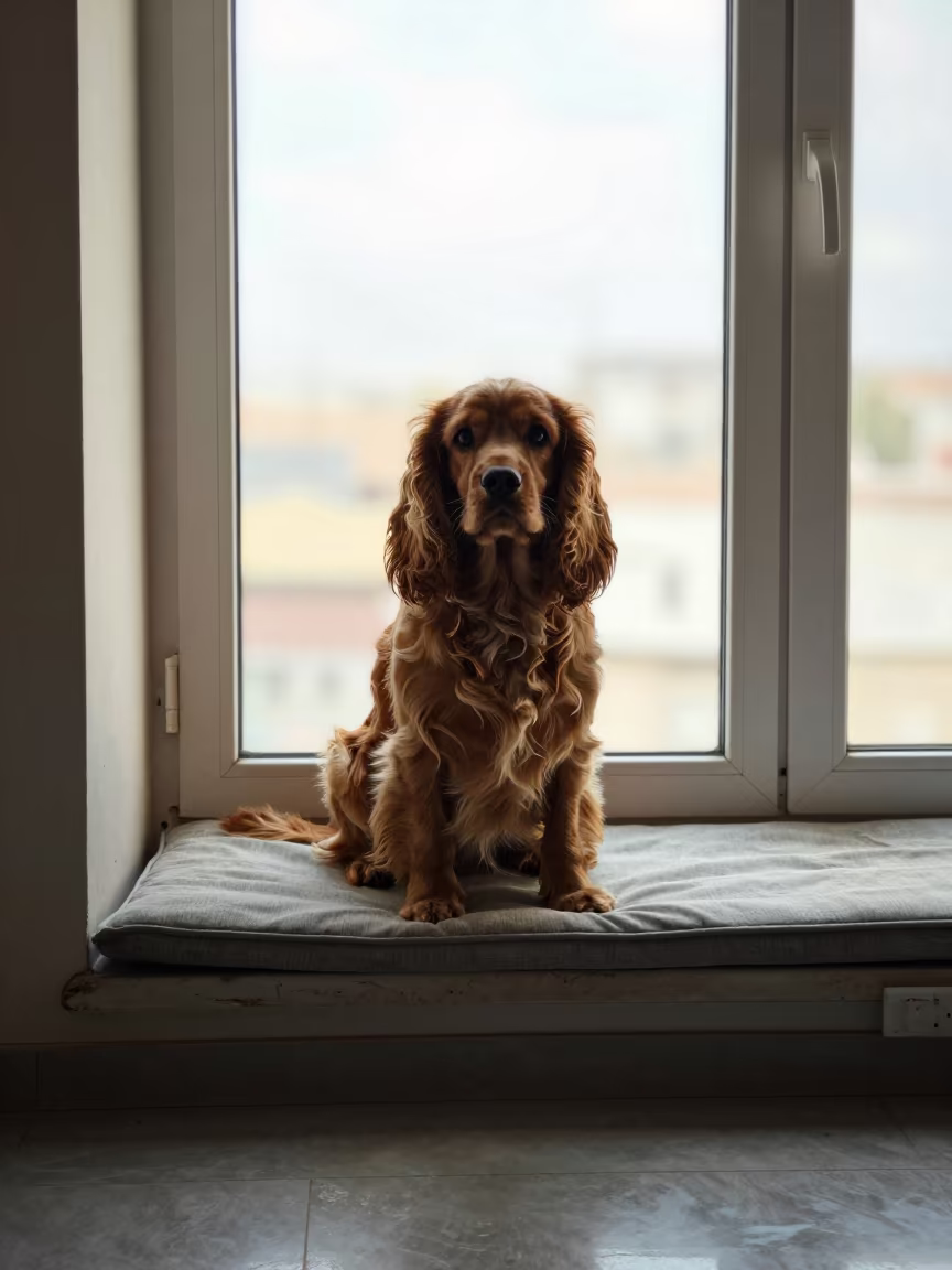 Cocker Spaniel Portrait on Şanlıurfa Window Seat in on a cushioned window seat with soft side light and an uncluttered background in Şanlıurfa