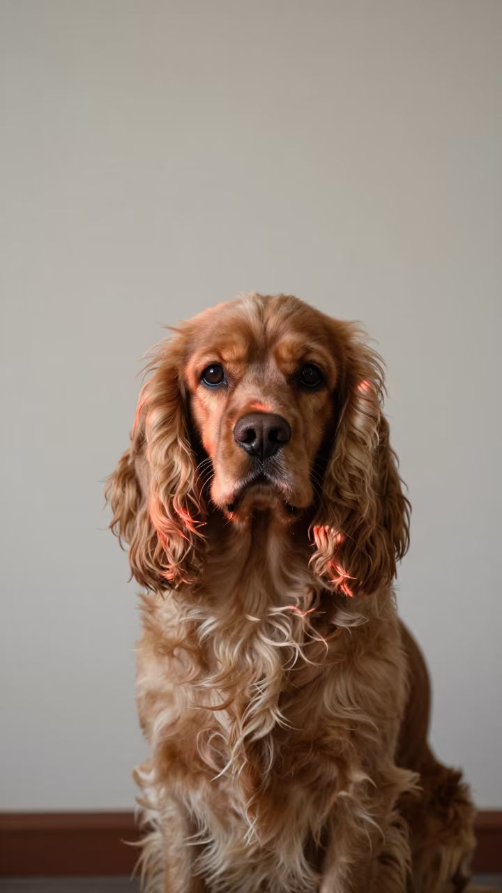 Cocker Spaniel Portrait with Warm Edge Light in beside a plain plaster wall in soft indoor light with the animal centered in frame in Arish