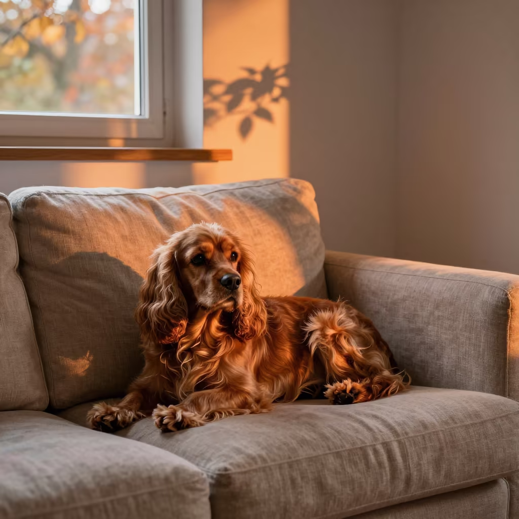 Cocker Spaniel Resting on Linen Sofa Rhodes in on a linen sofa with daylight from a nearby window in Rhodes