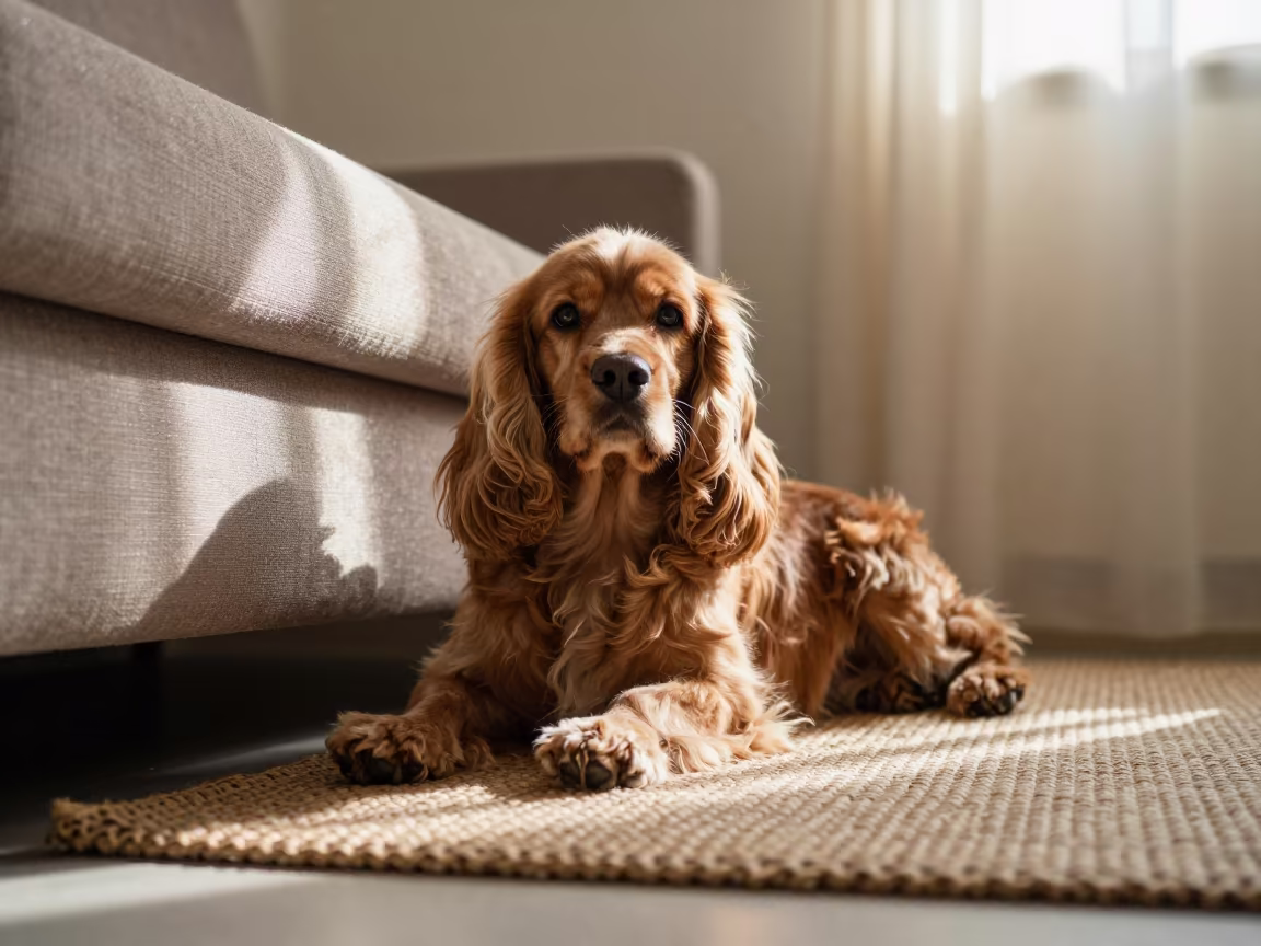 Cocker Spaniel Resting on Rug in Benha Home in on a woven rug beside a low couch and an uncluttered wall in Benha