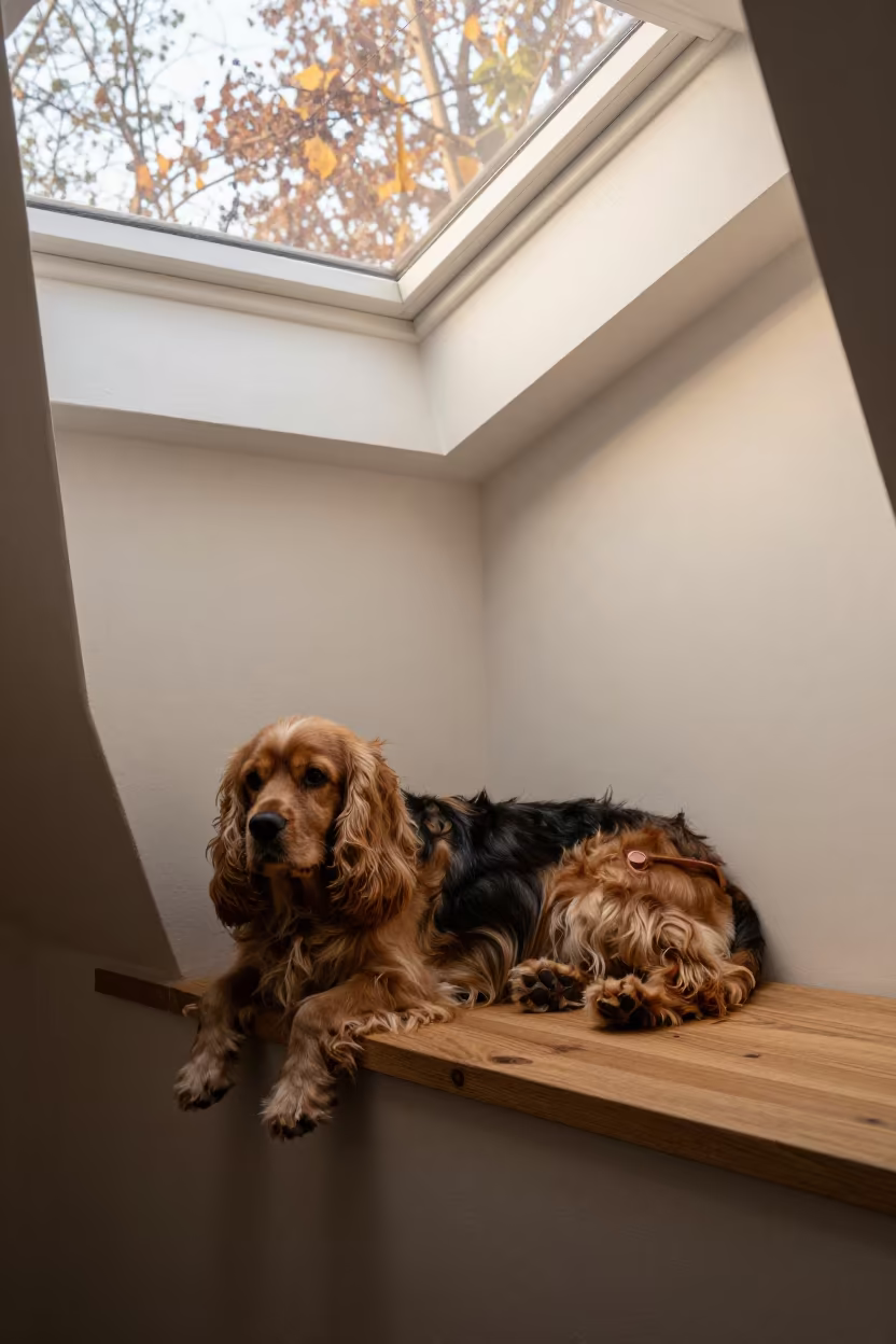 Cocker Spaniel Resting on Window Seat in on a window seat in a quiet apartment with soft side light in Ba Dinh, Hanoi