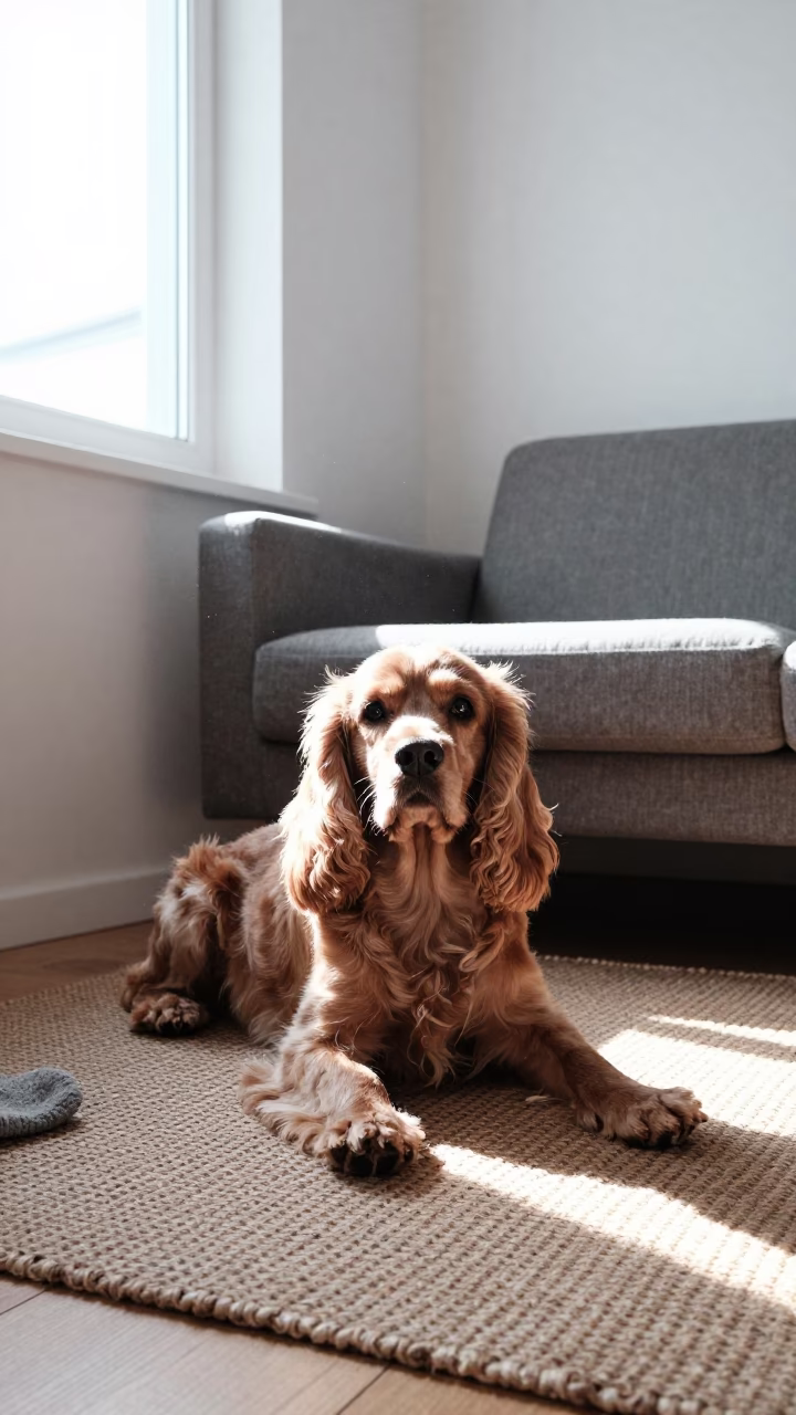 Cocker Spaniel Resting on Woven Rug in Stavanger Home in on a woven rug beside a low couch and an uncluttered wall near Stavanger