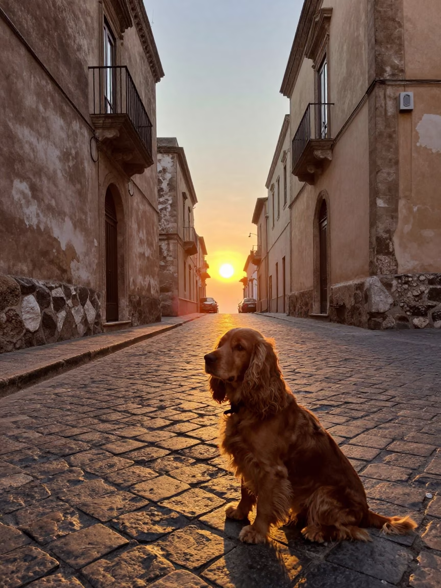 Cocker Spaniel Sitting on Cobblestone Street in Palermo Italy During Sunset in in Palermo, Italy