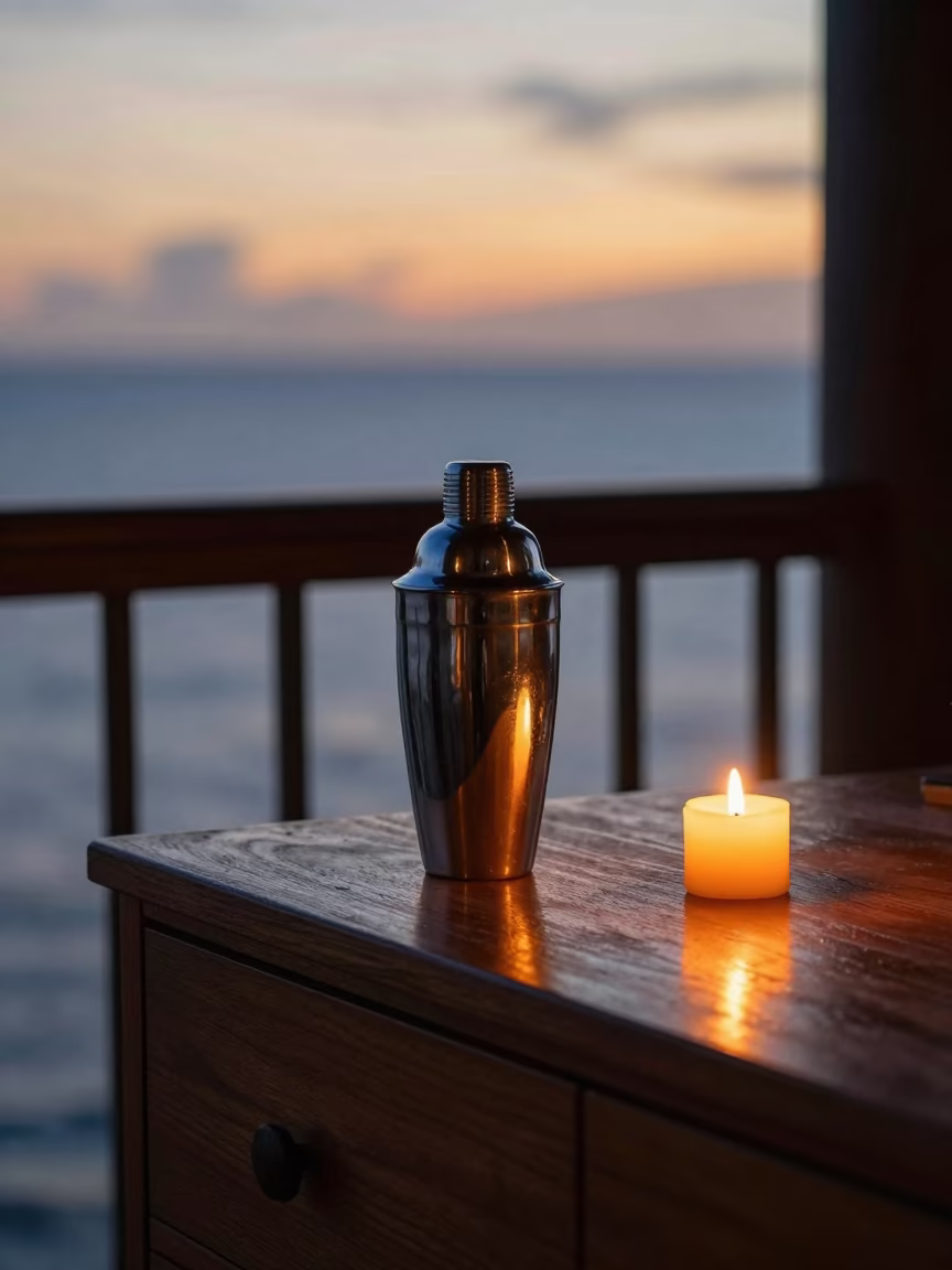 Cocktail Shaker on Pier Sideboard Evening Glow in on a pier railing near Castilla