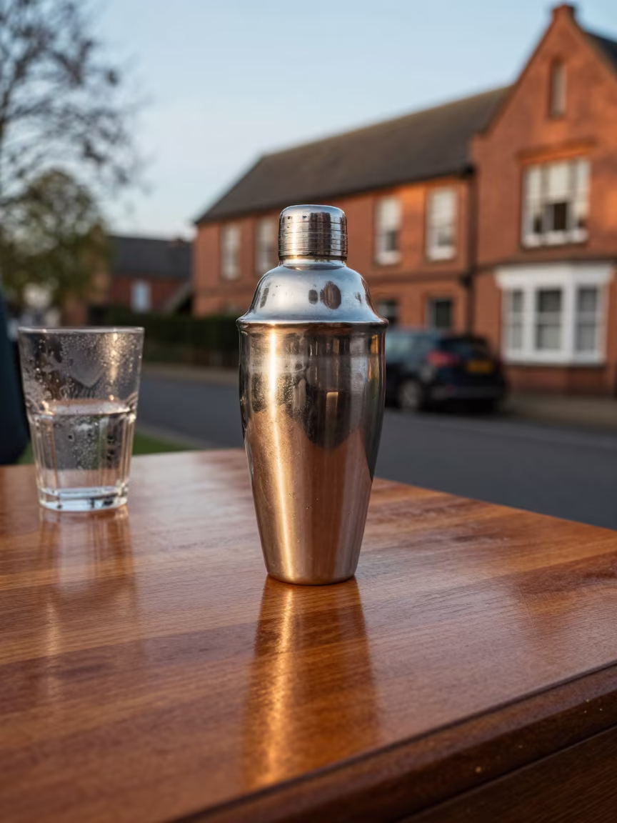 Cocktail Shaker on Polished Desk in Evening Light in on a writing desk near Coventry