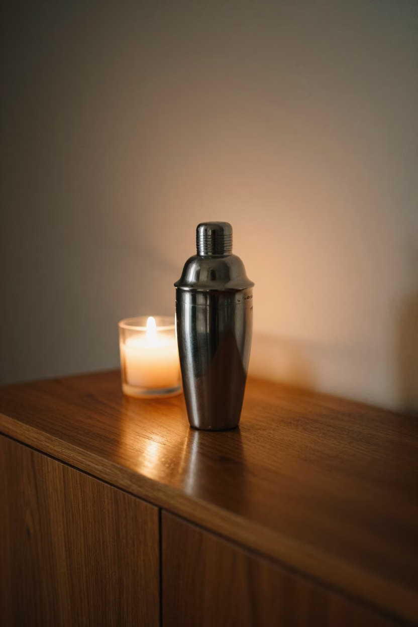 Cocktail Shaker on Polished Sideboard in Chimbote in on a wooden workbench in Chimbote