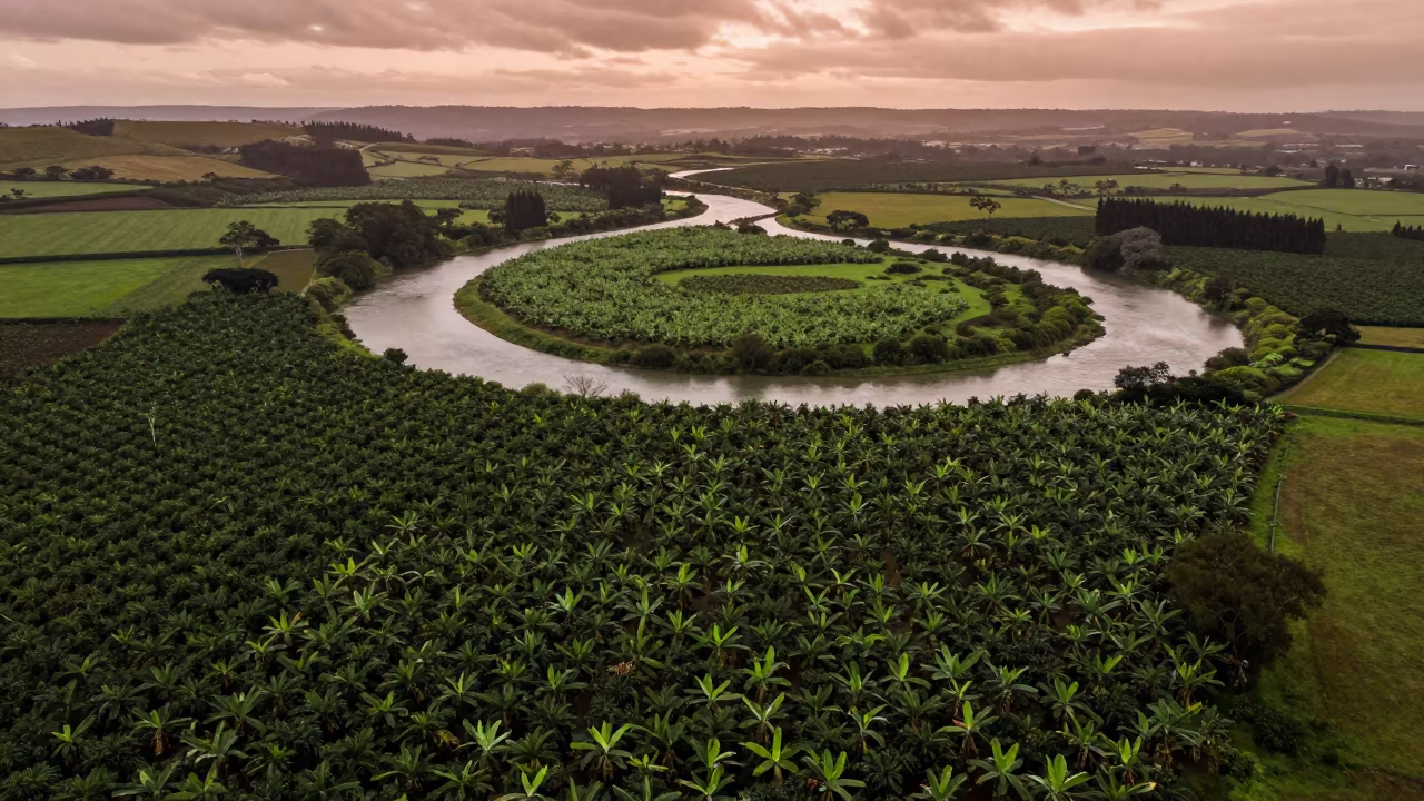 Cocoa Banana Aerial New Zealand Drizzle in high above braided river channels in New Zealand