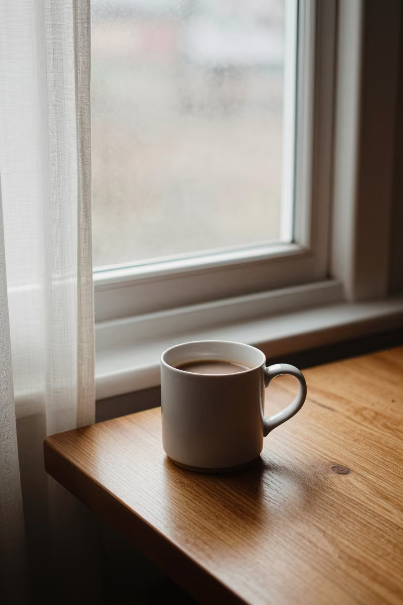 Cocoa Mug Beside Frosted Noon Window in in a breakfast nook near Issia