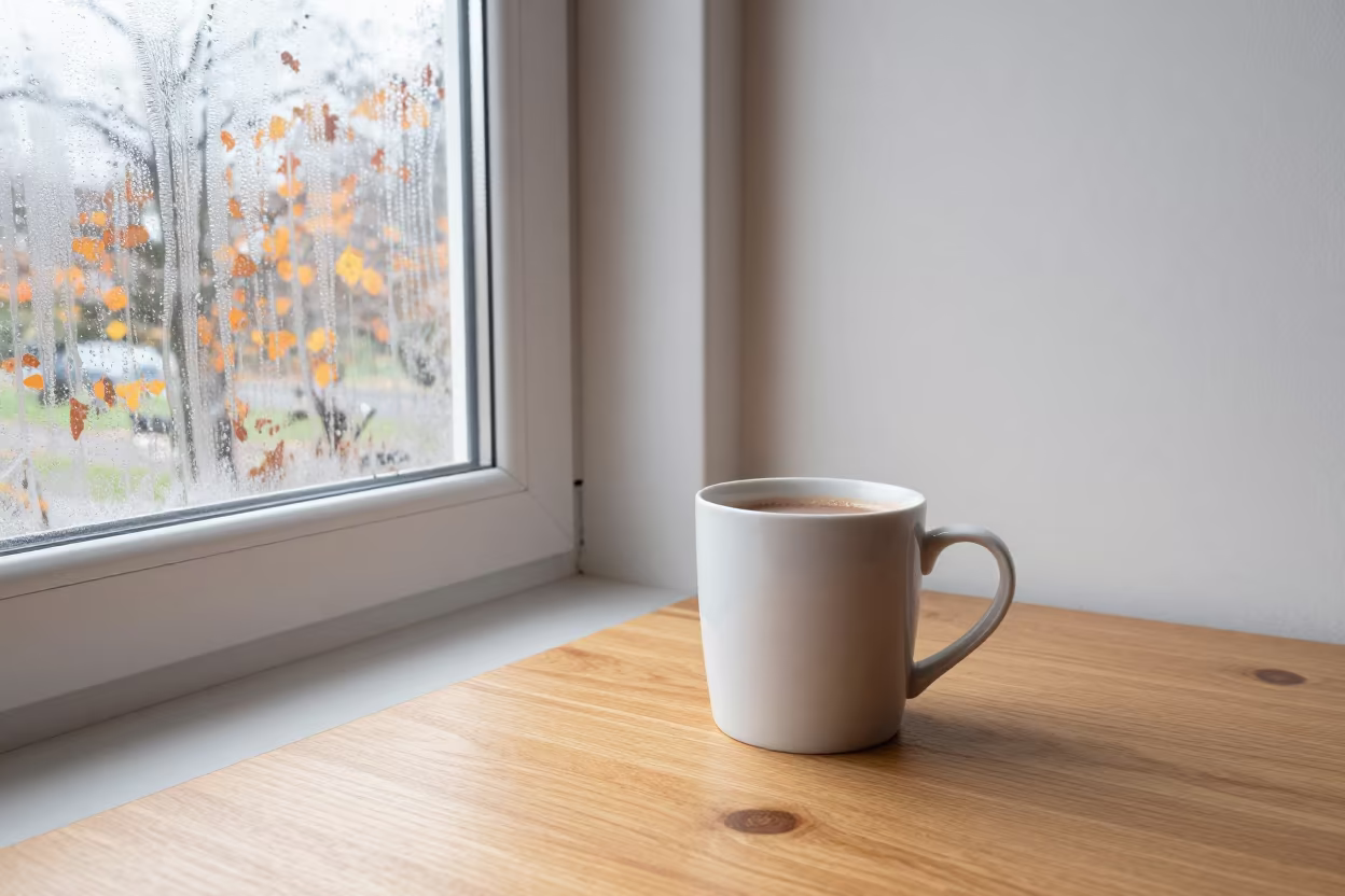 Cocoa Mug Beside Frosted Window in Autumn Kitchen in in a cozy kitchen in Forlì