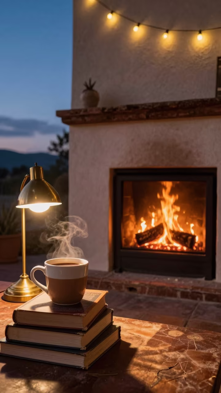 Cocoa Mug on Books by Fireplace in by a crackling fireplace near Mexico City