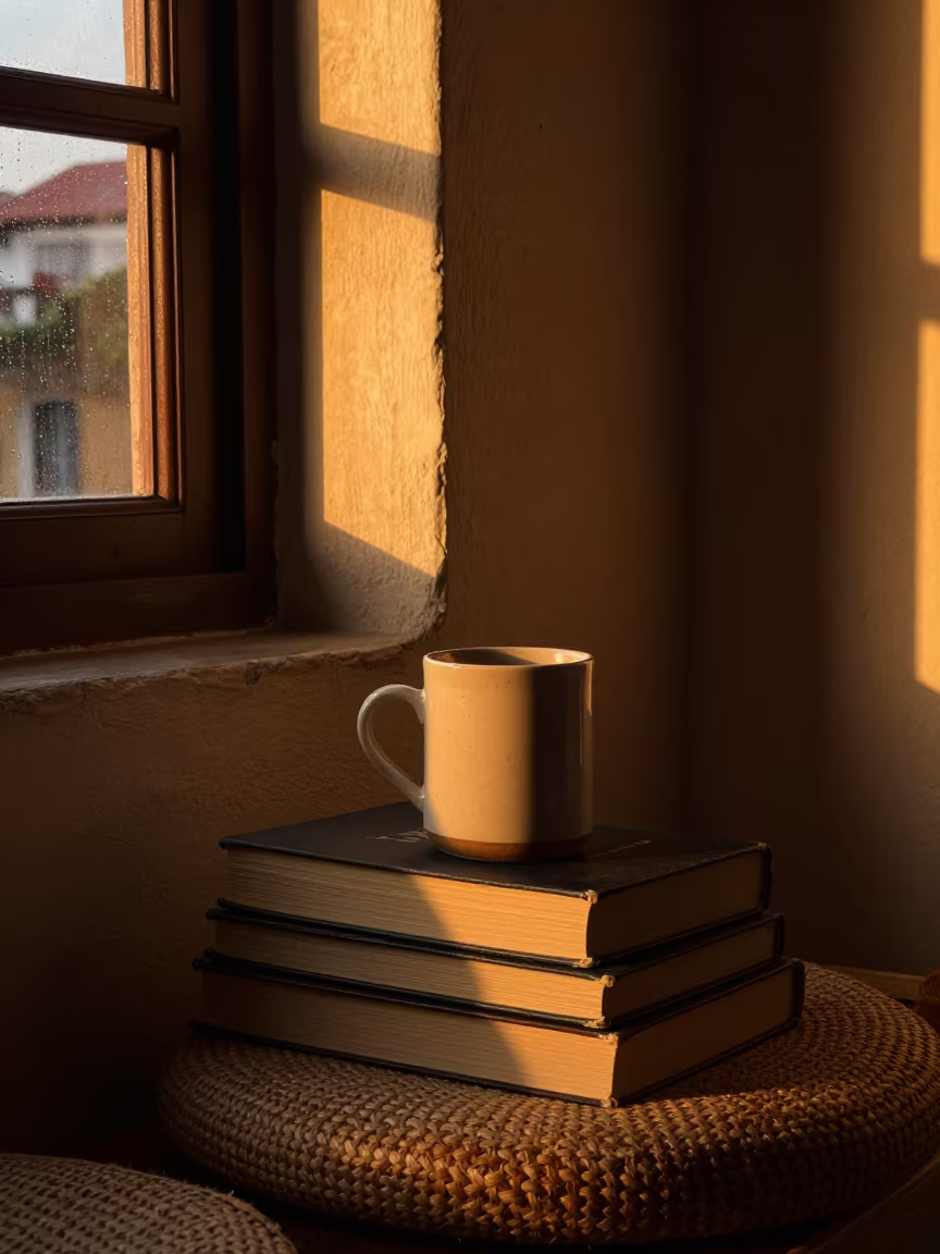 Cocoa Mug on Books in Cartagena Reading Nook in on a reading nook cushion in Getsemani, Cartagena
