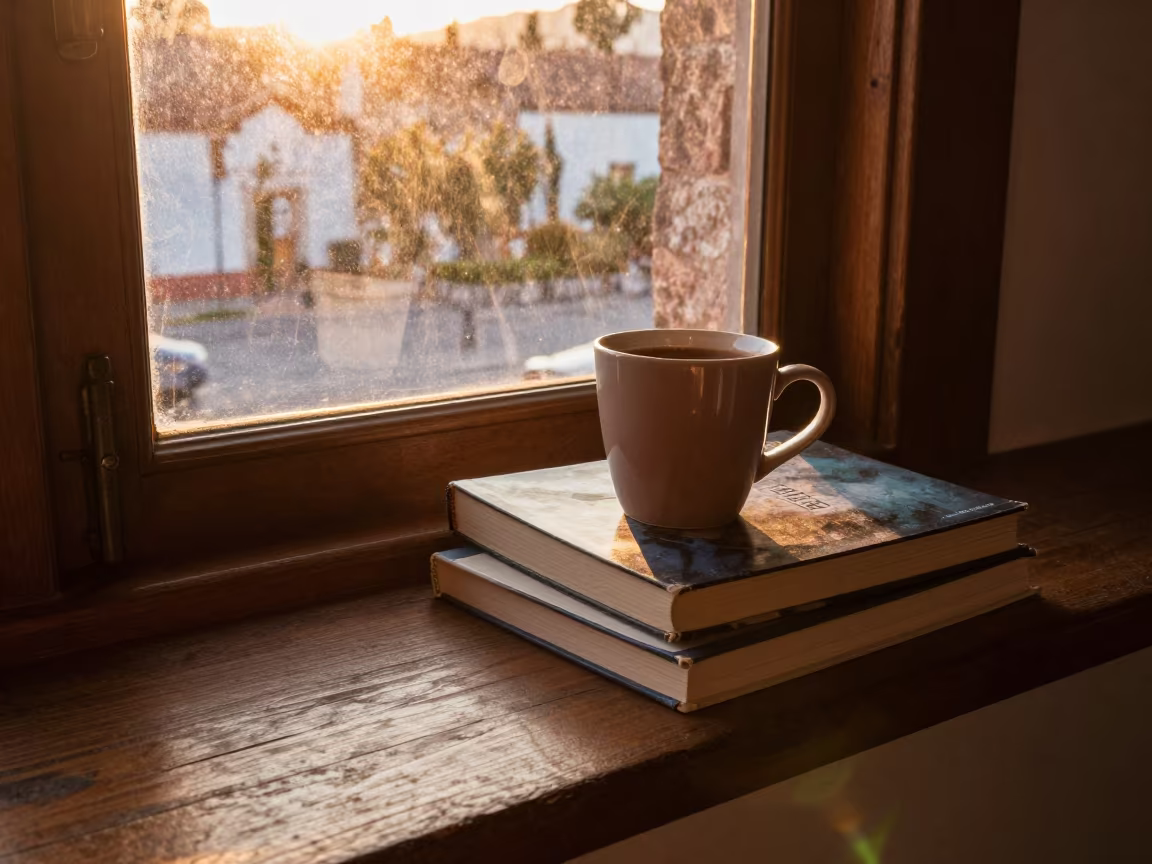 Cocoa Mug on Books by Window Seat Sunset in on a window seat near San Pedro de la Paz