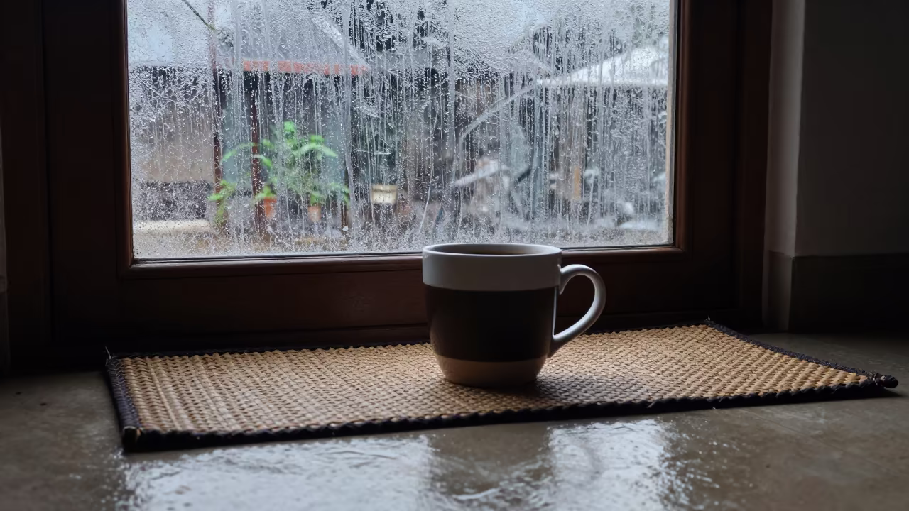 Cocoa Mug by Frosted Window in Malindi in on a window seat near Malindi