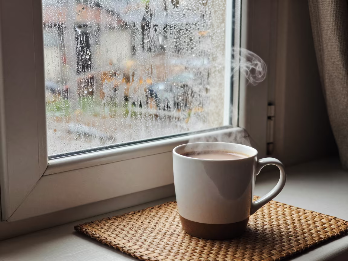 Cocoa Mug Frosted Window Rainy Season Nook in in a breakfast nook near Maiduguri