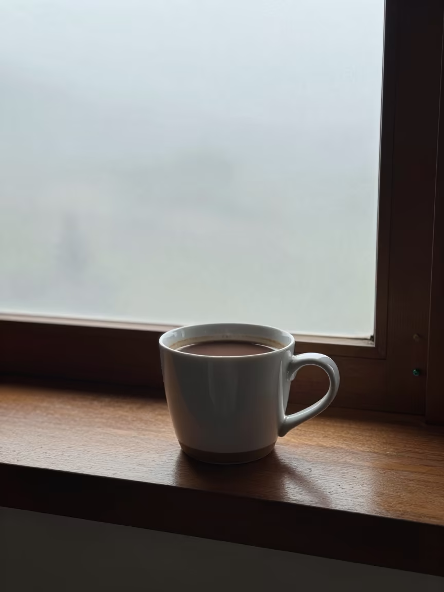Cocoa Mug on Frosted Window Seat in Lombok in on a window seat in Lombok