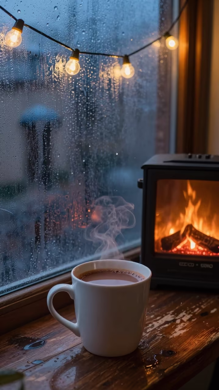 Cocoa Mug Frosted Window Twilight in by a crackling fireplace near León de Los Aldama