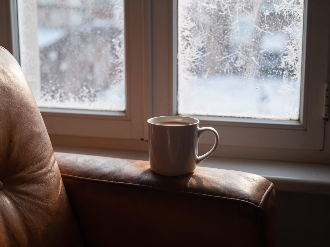 Cocoa Mug on Leather Chair Near Delhi Window in on a worn leather armchair near Delhi