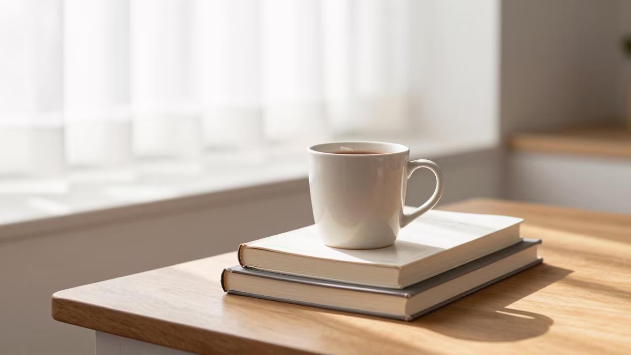 Cocoa Mug on Books in Managua Nook in in a breakfast nook in Managua