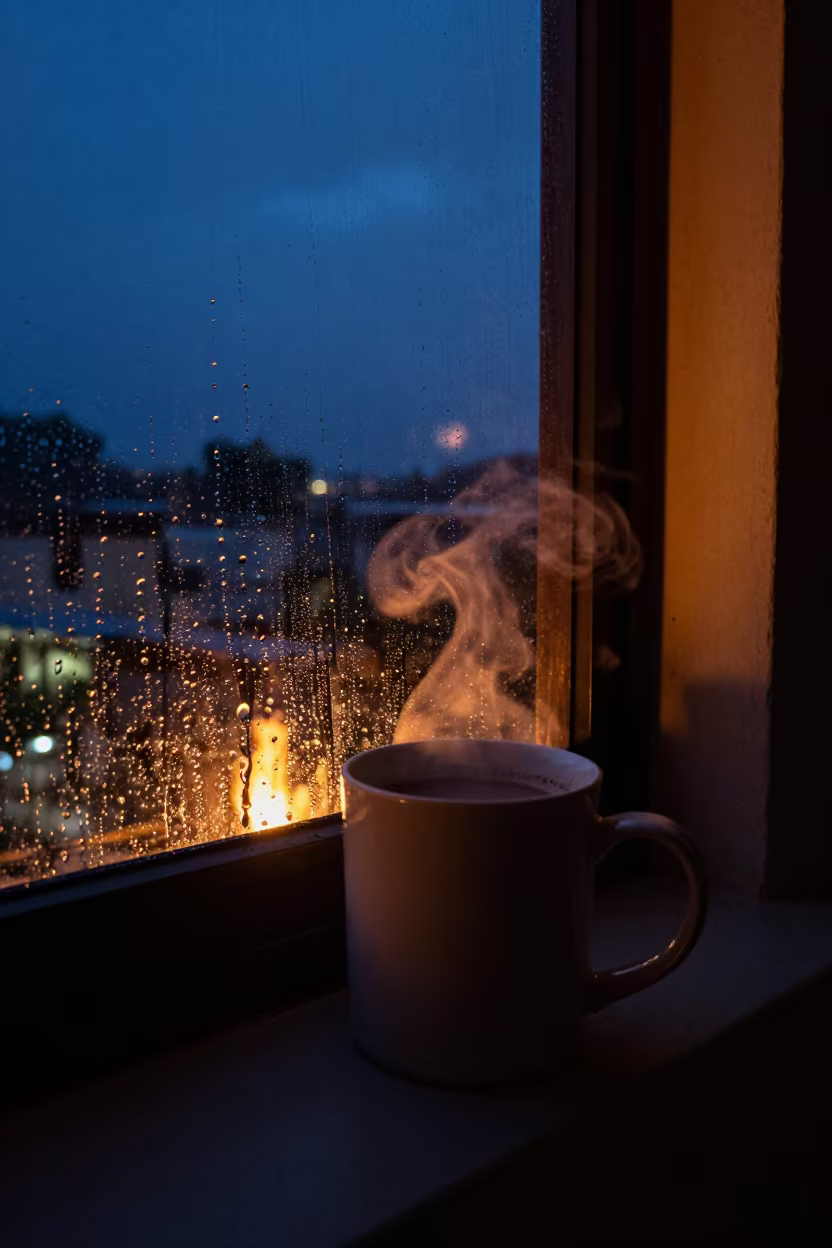 Cocoa mug beside rain window in beside a rain-streaked window in Cebu