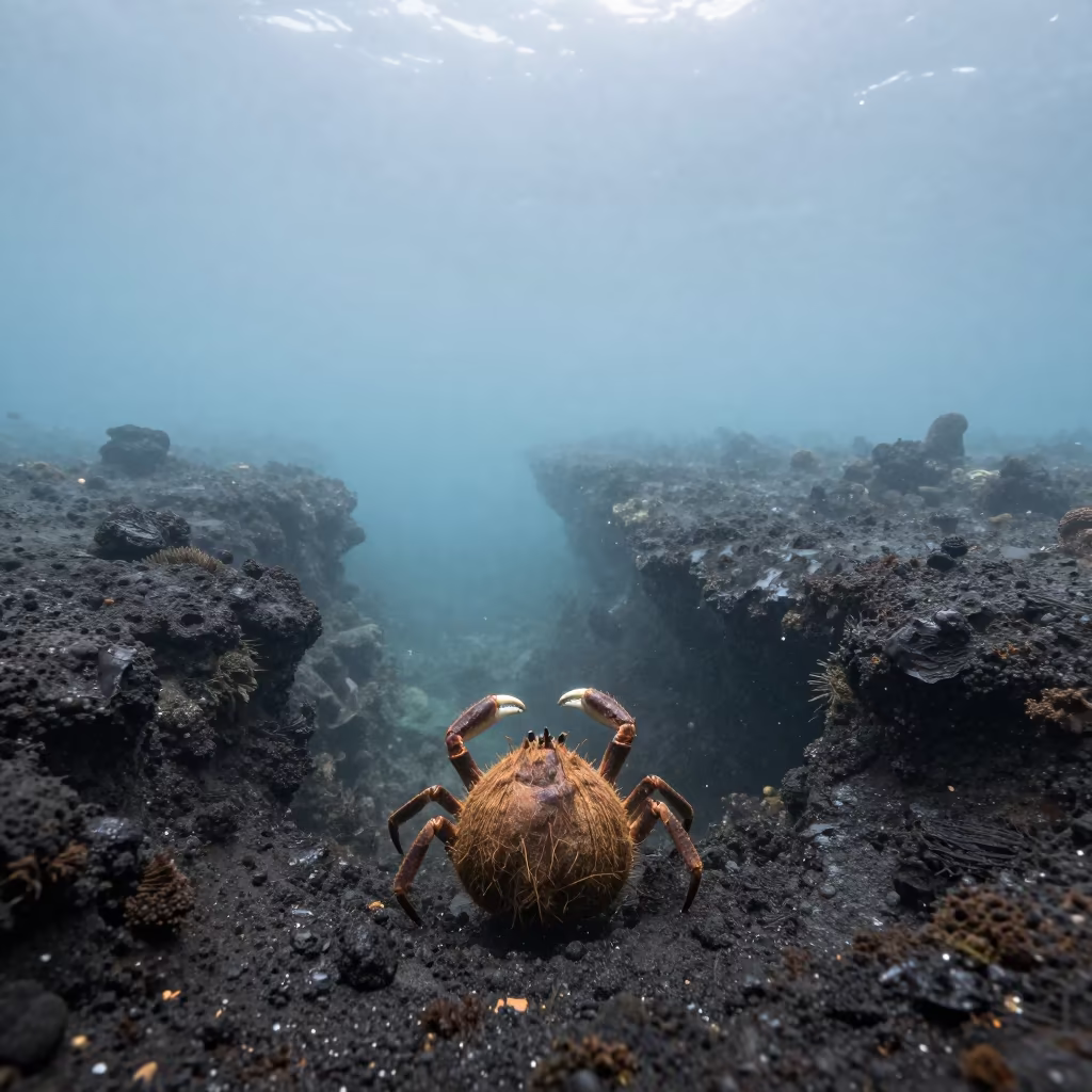 Coconut Crab Descending Cold Reef Tide Pool in above a cold-water reef edge in Beach, Essaouira