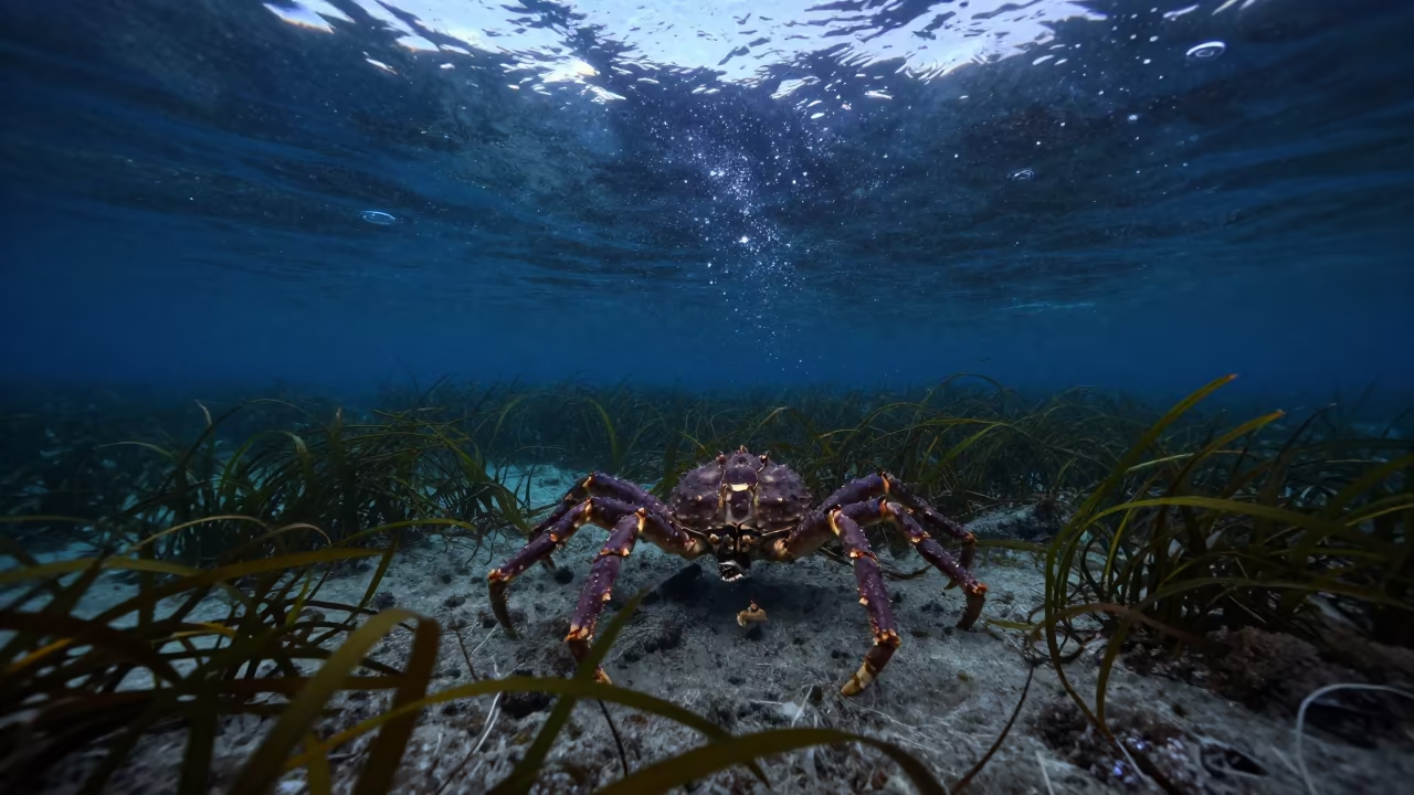 Coconut Crab Descending Tide Pool Blue Hour Vancouver in along a seagrass channel near the coast in Main Street, Vancouver