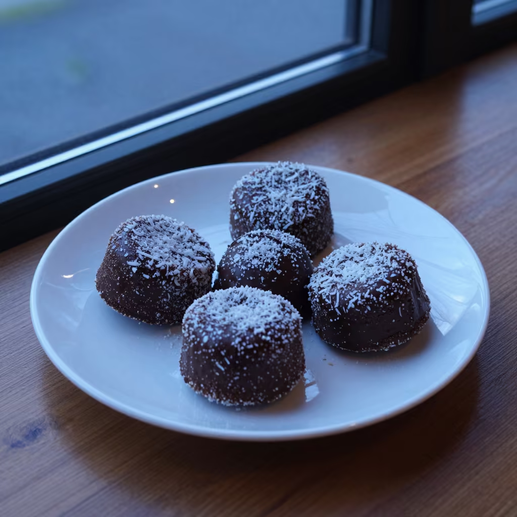 Coconut Lamingtons on Ceramic Plate Twilight Sydney in on a ceramic plate by a window in Sydney