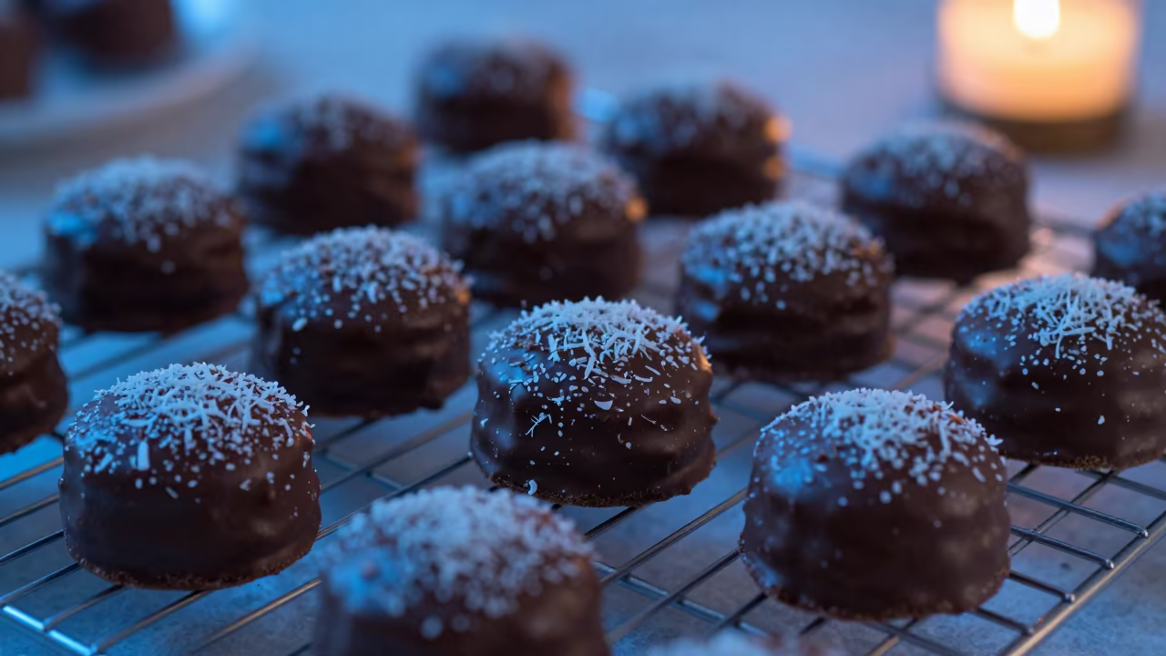 Coconut Lamingtons on Cooling Rack Blue Hour in on a bakery cooling rack in Melbourne