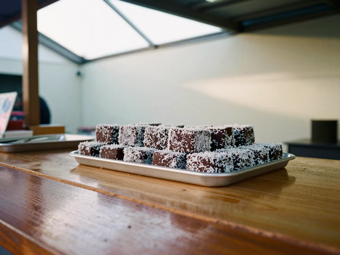 Coconut Lamingtons on Market Stall Counter in at a market stall counter in Brisbane