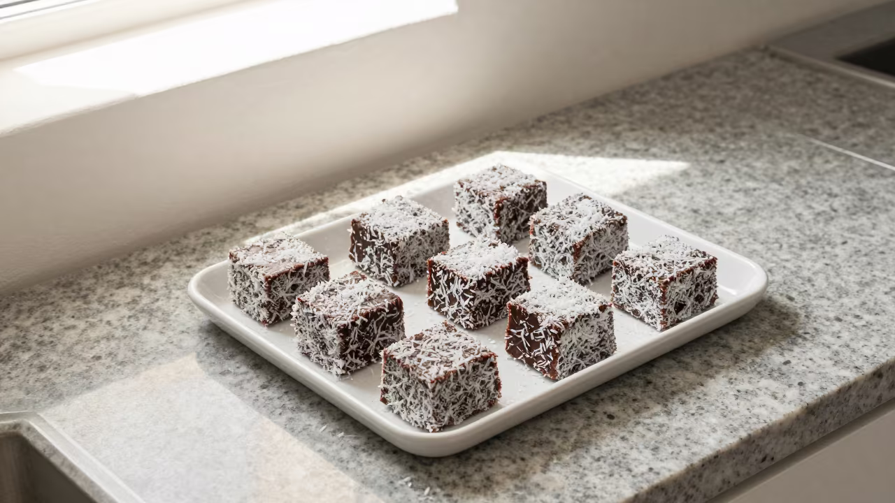 Coconut Lamingtons on Melbourne Kitchen Worktop in on a kitchen worktop in Melbourne