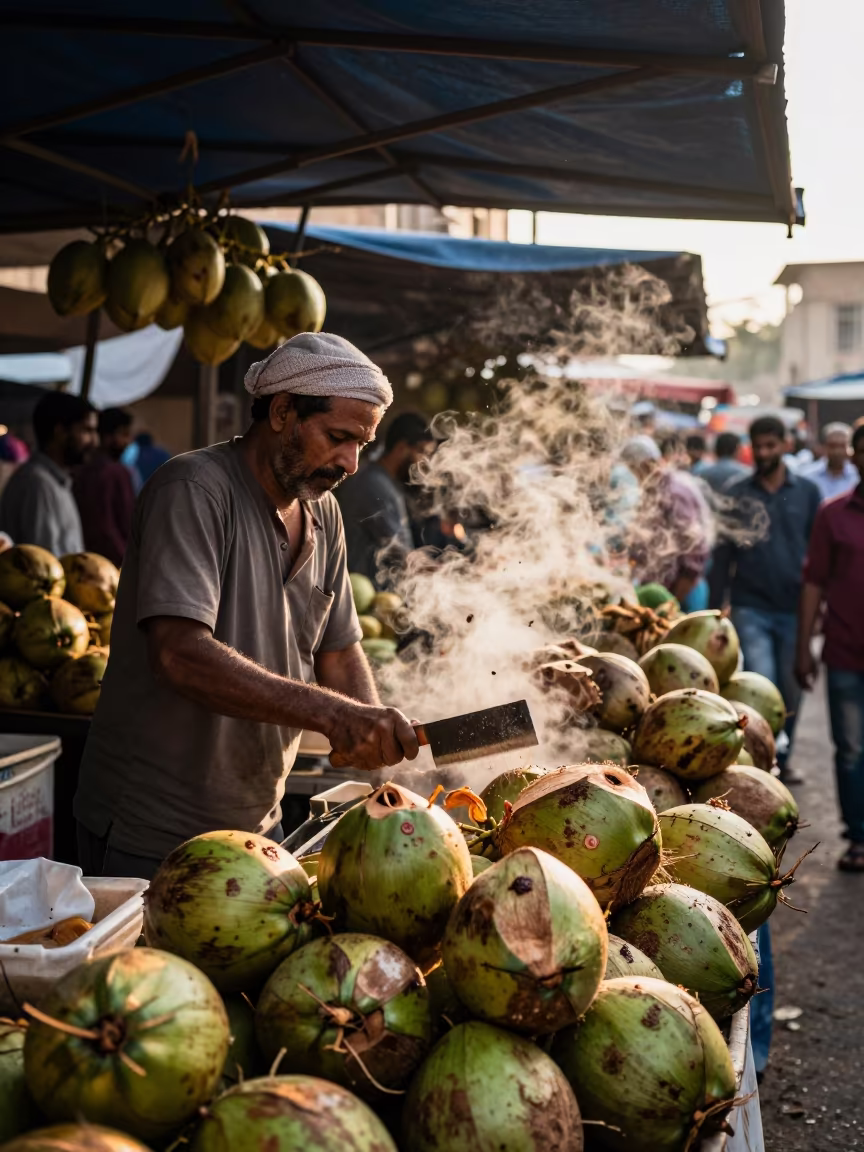Coconut Vendor Hacking Green Fruit in Al Mokattam Market in under a market canopy in Al Mokattam