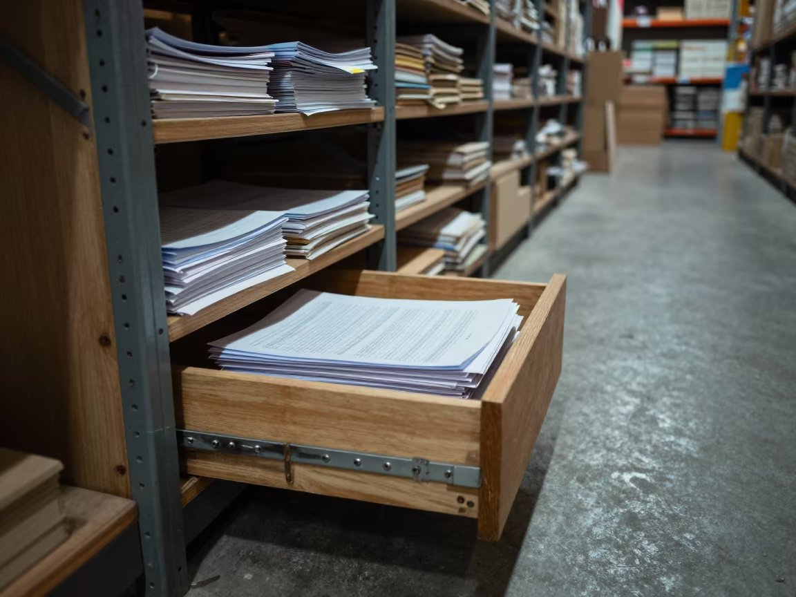 COD Pouch Drawer in Warehouse Aisle in inside a warehouse aisle near Al-Hajar al-Aswad